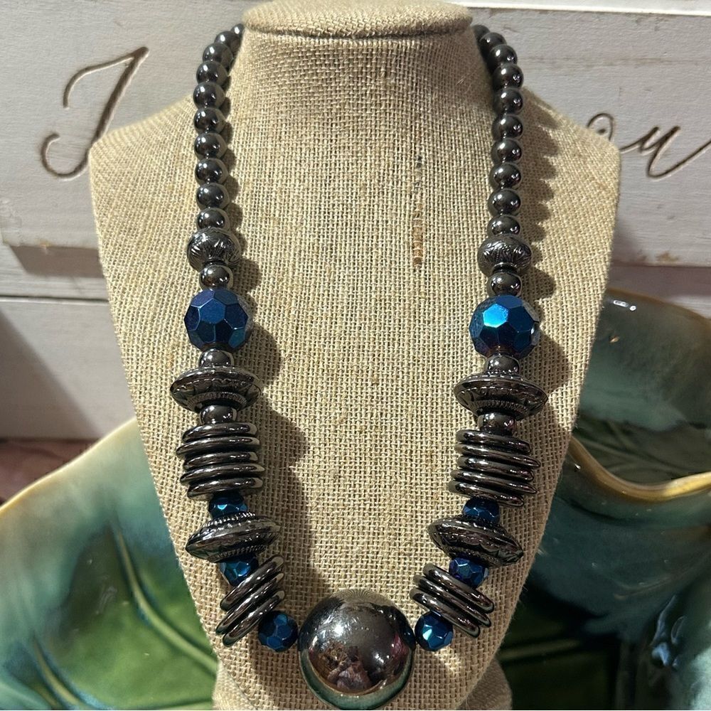 Chunky Blue & Silver Statement Necklace 18”